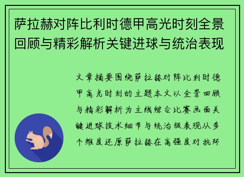萨拉赫对阵比利时德甲高光时刻全景回顾与精彩解析关键进球与统治表现